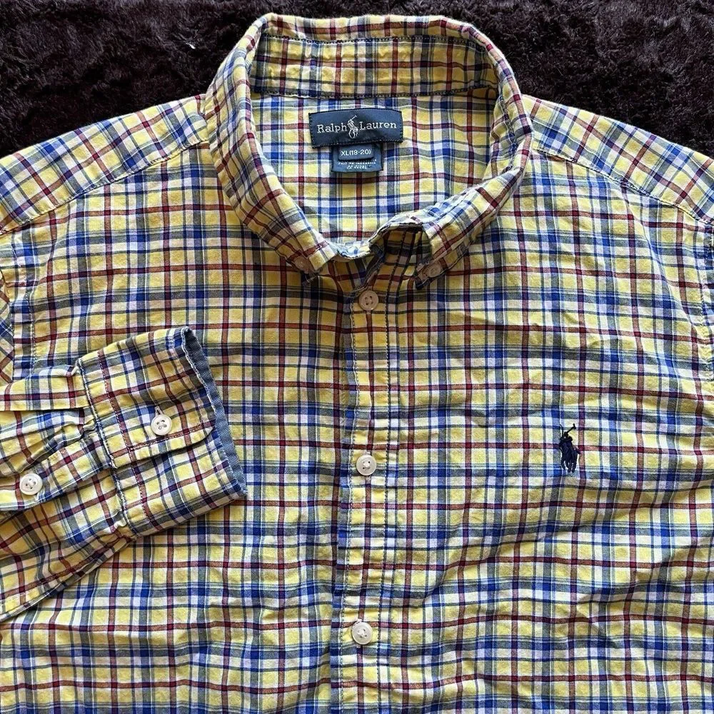 Ralph Lauren Button Down Long Sleeve Shirt Boys Sz XL 18-20‎ Yellow Blue Plaid